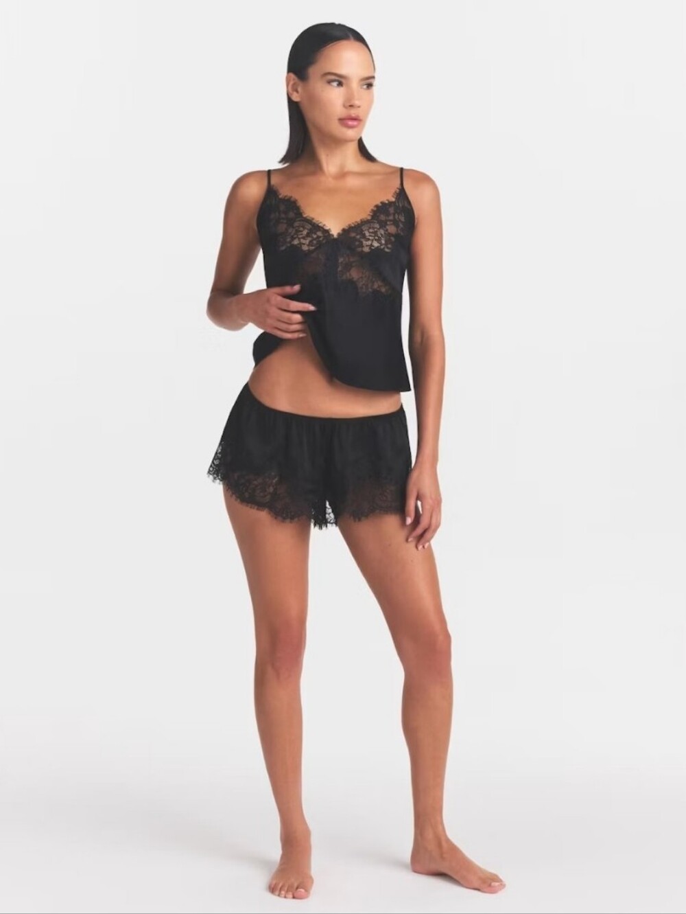 SKIMS Black Lace-Trim Silk Cami NWT